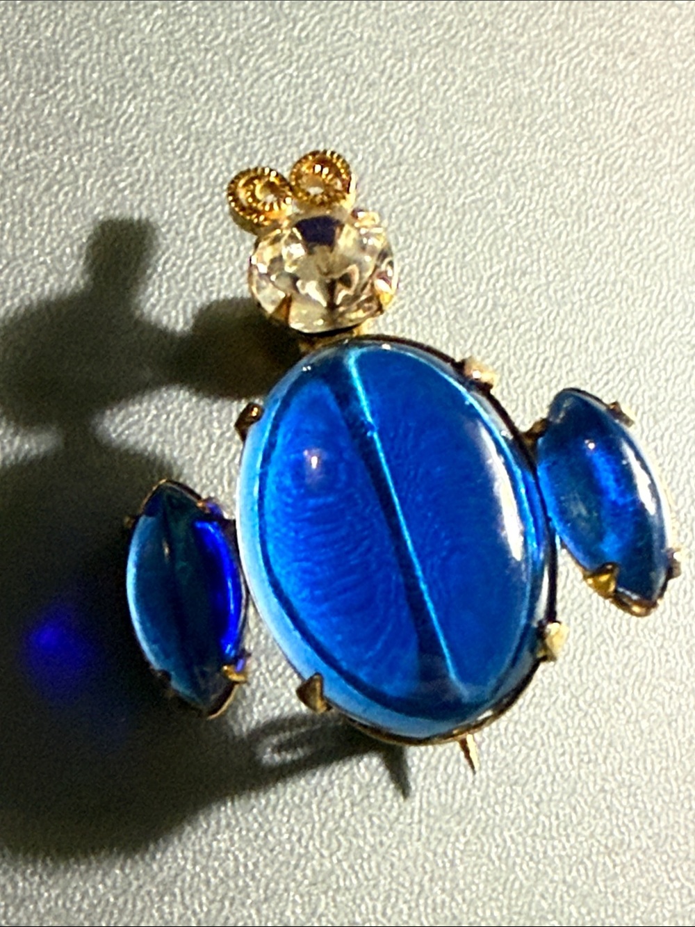 Vintage Jelly Belly cobalt, blue glass, and rhinestone brooch